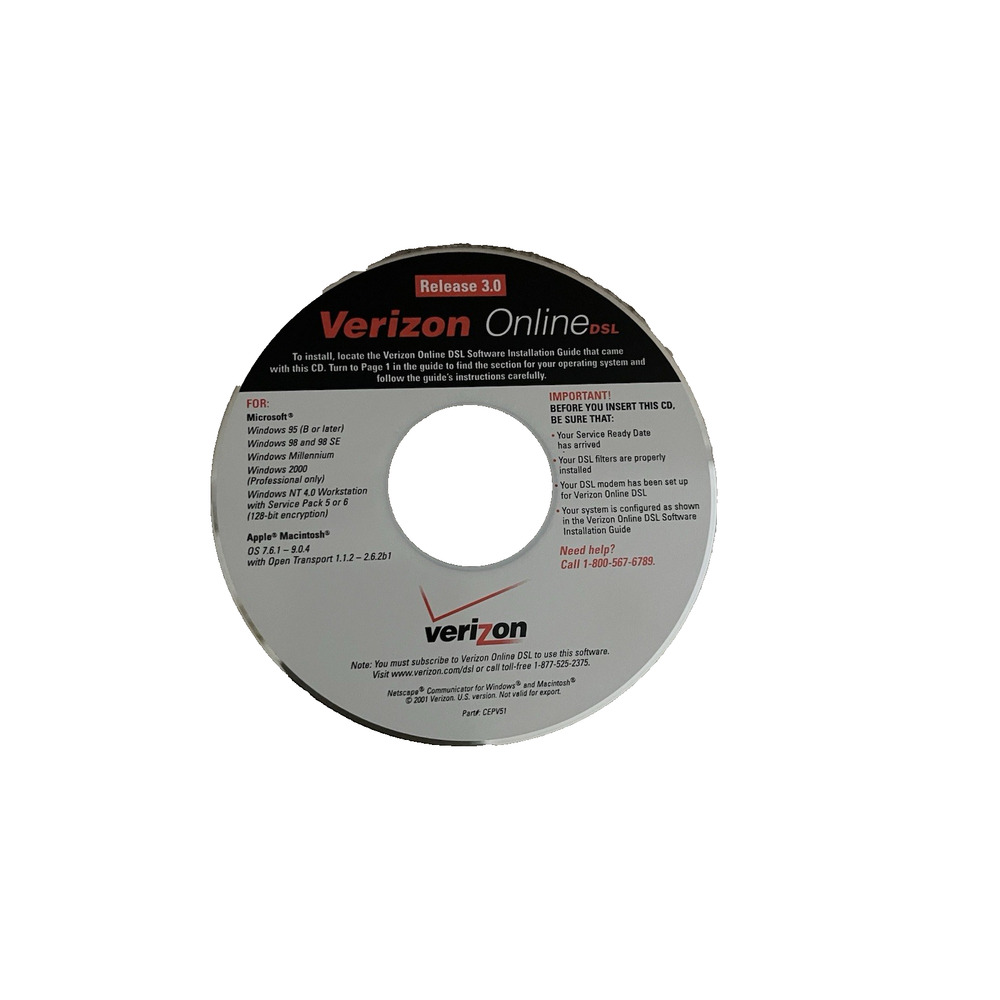 Verizon Online DSL Installation CD Release 3.0 Windows Mac Software 2001